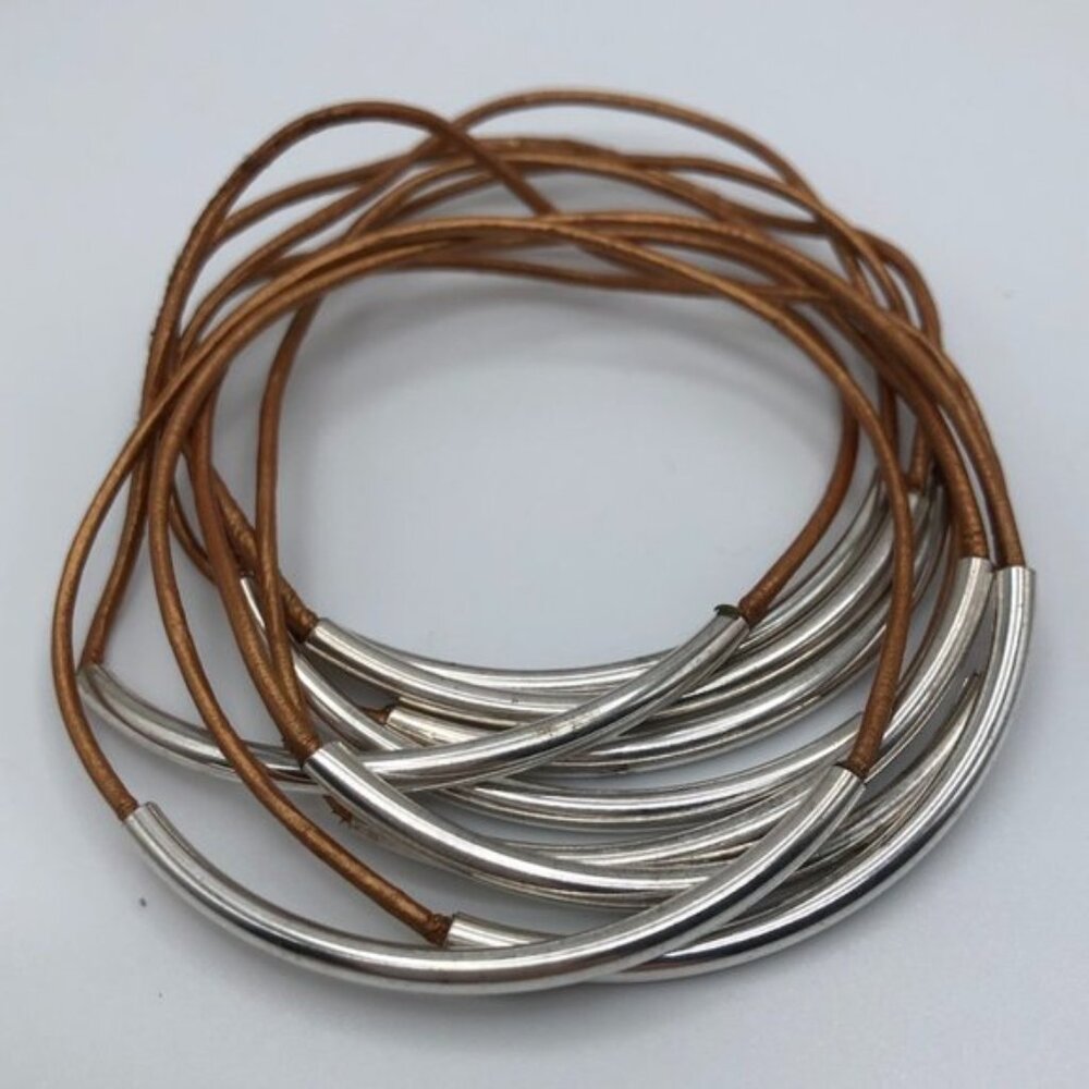 Copper Brown Leather and Silver Tube Bracelet Set